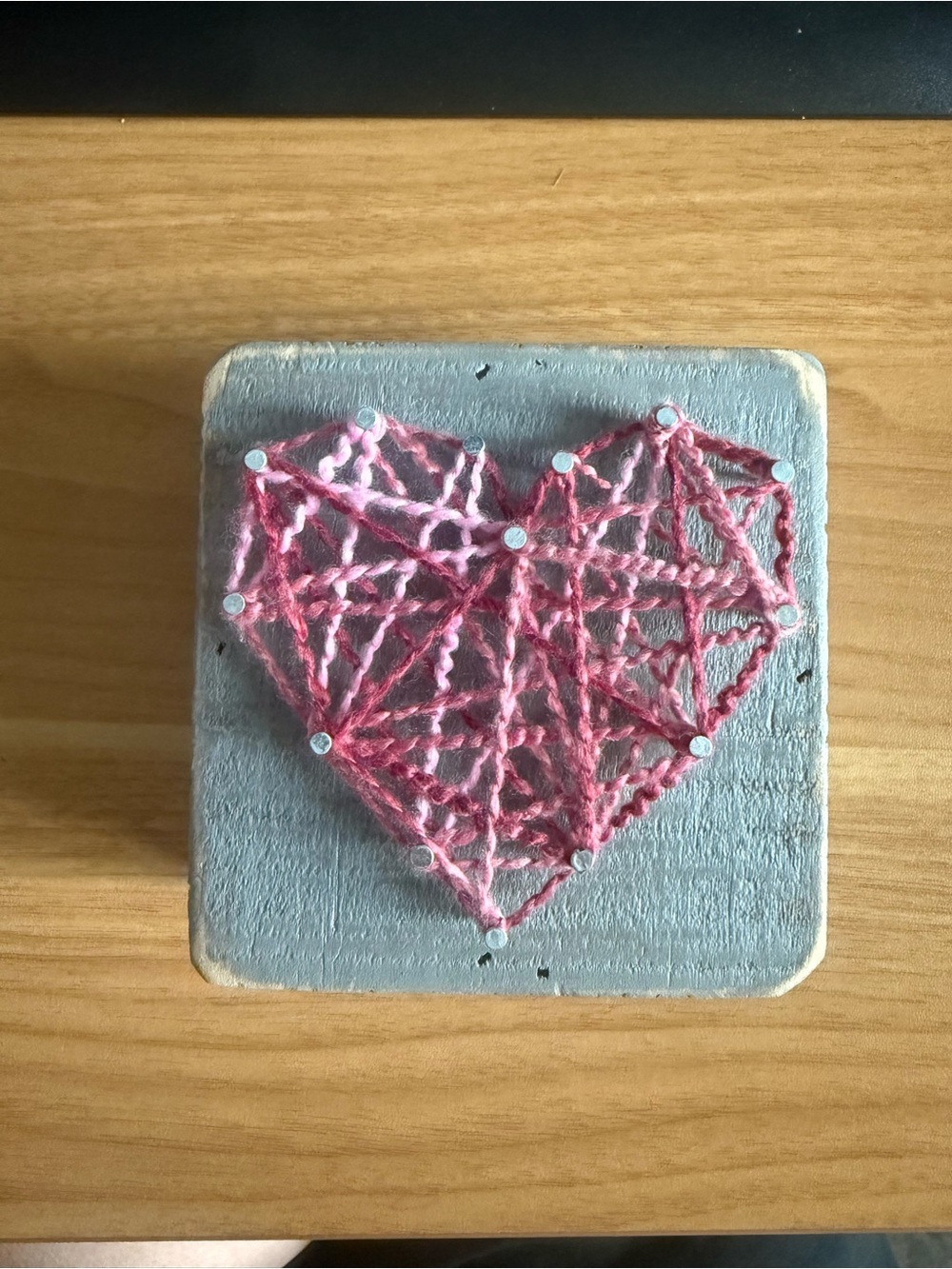 Primitives by Kathy Pink Heart String Art on Gray Block